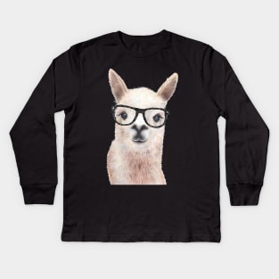 Hipster Llama Wearing Glasses Funny Drawing Kids Long Sleeve T-Shirt